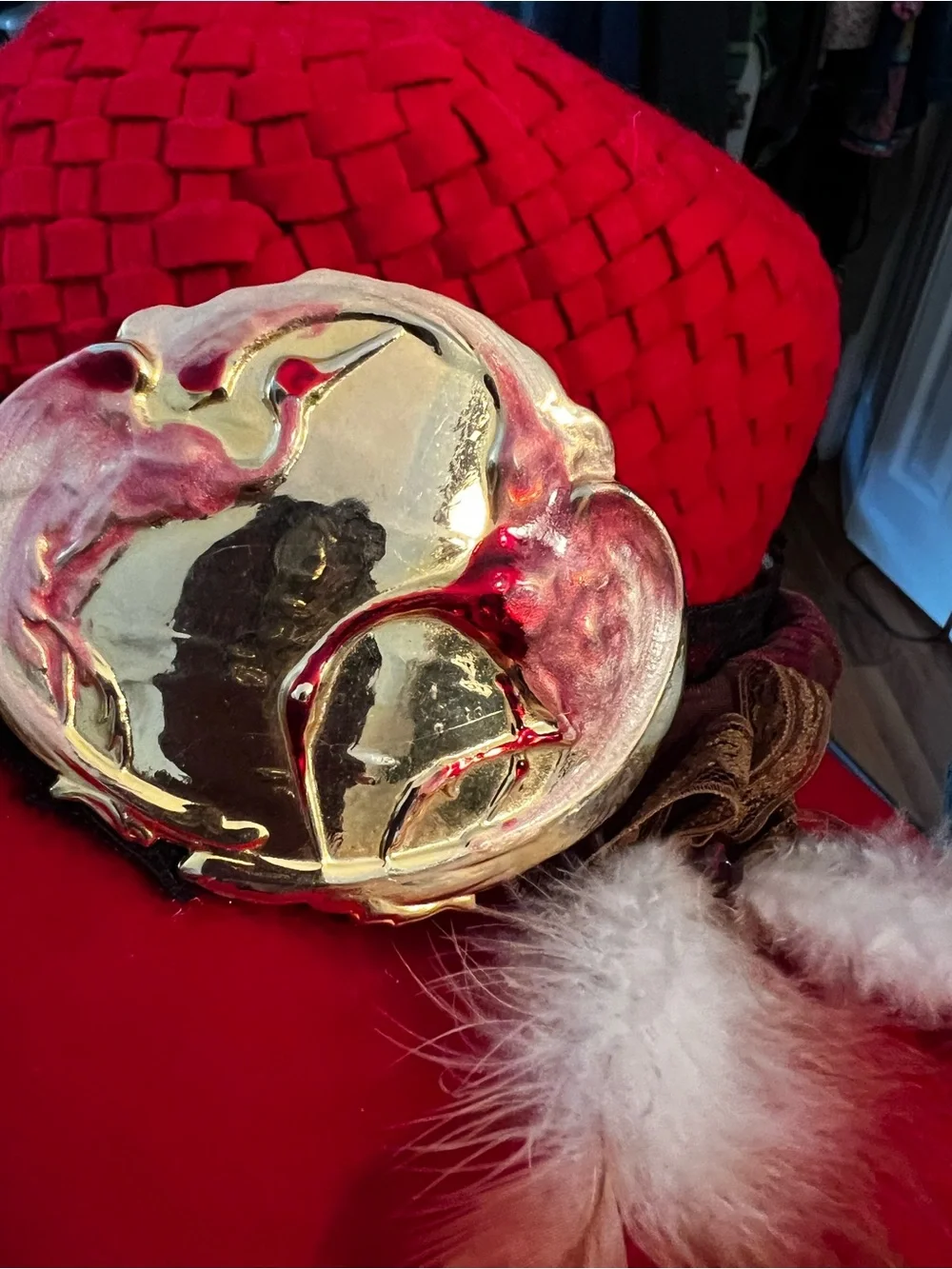 Women's red wool decorative Wide-Brim Hat with Gold Accent